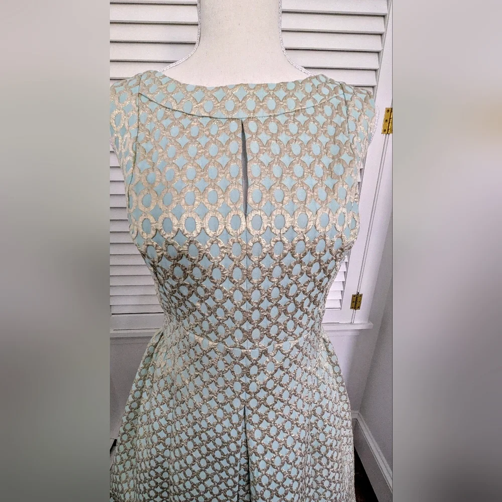 LAUREN Ralph Lauren semi-formal Dress Blue Silver brocade geometric 10 - Picture 3 of 8